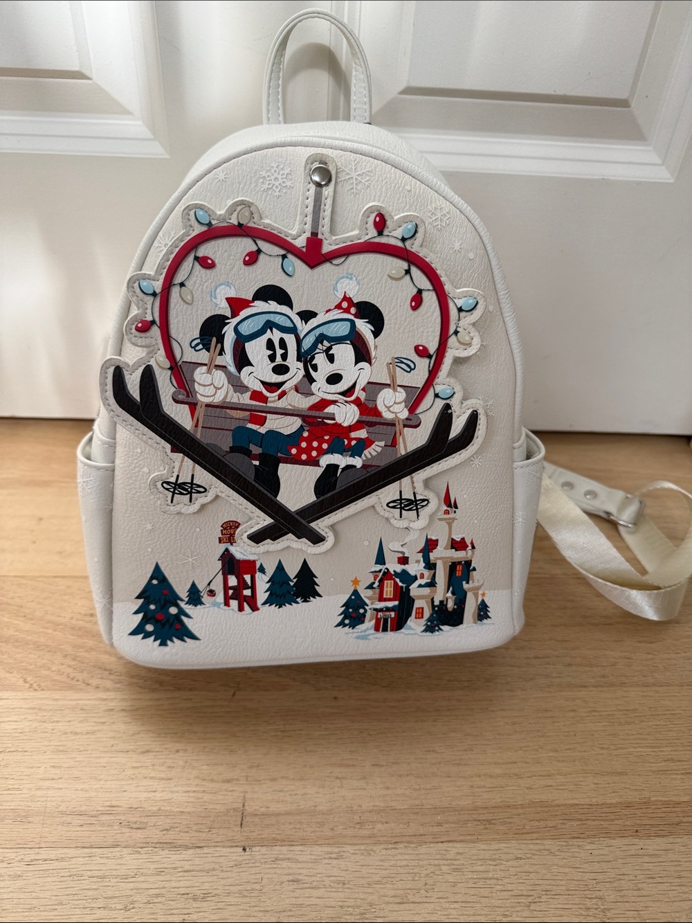 Disney White Backpack with Red and Blue Mickey & Minnie Ski Design